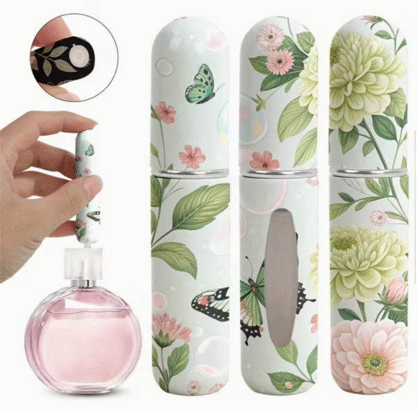 3 pcs Green Floral Refillable Perfume Spray Bottles with Travel Cosmetic Case in 5ml